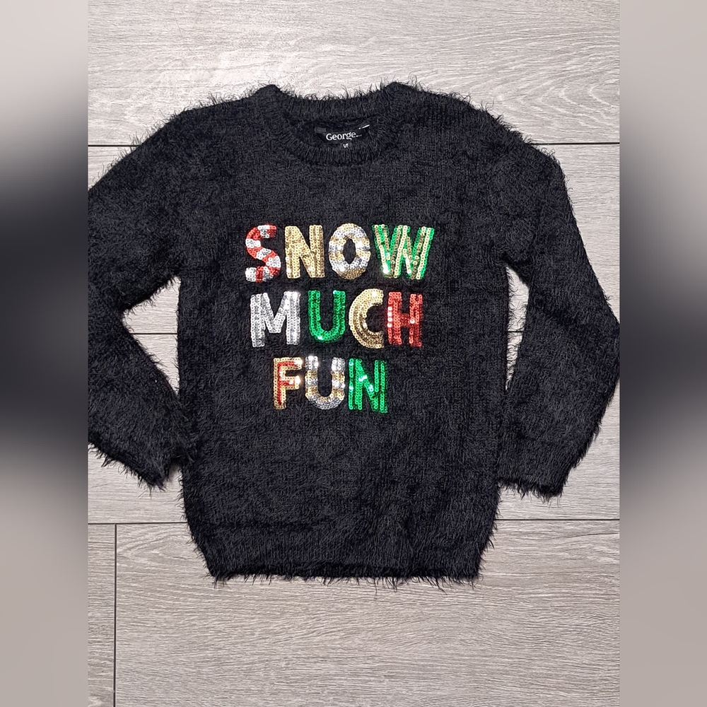 New George Black Fuzzy Sweater with Vibrant Lettering.